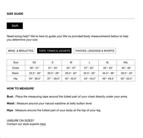 Size Guide Top Tanks And Jackets