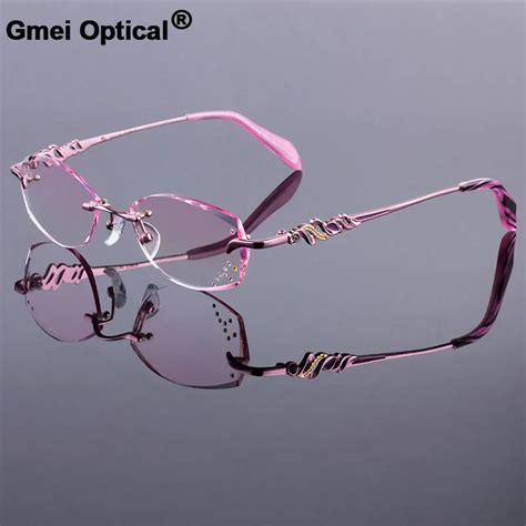 Women Rimless Glasses Frames Women Titanium Alloy Pink Frame Diamond Trimming Cut Rimless