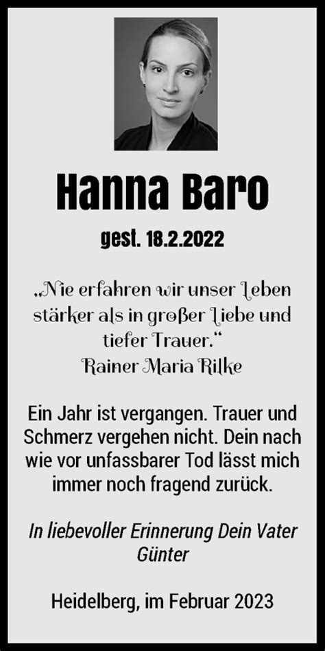 Alle Traueranzeigen F R Hanna Baro Trauer Rp Online De