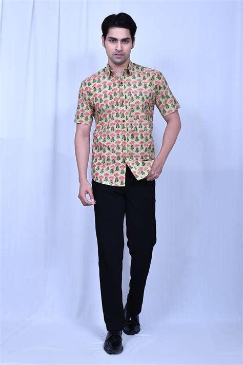 Buy Green Cotton Hand Block Printed Floral Shirt For Men By Naintara