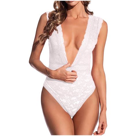 Lovskoo Women Floral Lace Lingerie Bodysuit Solid Color Deep V One