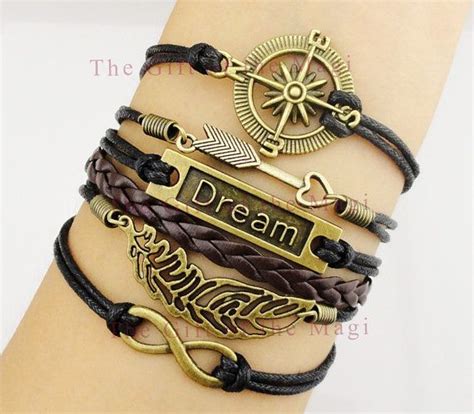 Compass Arrow Dream Feather And Infinity Charm Bracelet In Bronze Black Wax Cords And Da