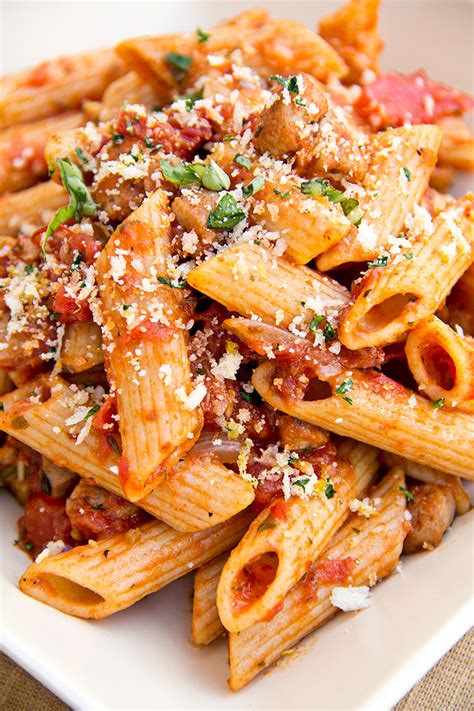 Penne Pasta In Roasted Garlic Tomato Sauce And Italian Chicken Sausage