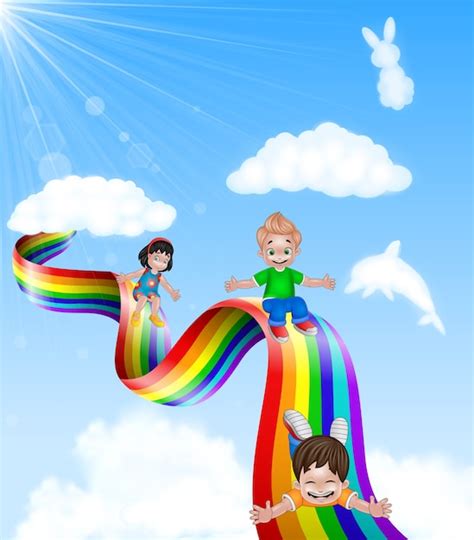 Dessin Animé Petits Enfants Jouant à Glisser Sur L arc en ciel