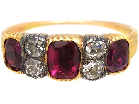 Georgian Ct Gold Silver Three Stone Ruby Ring With Diamonds In