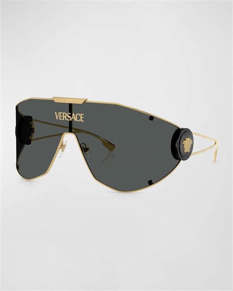 Versace Medusa Medallion Metal Shield Sunglasses Gold Editorialist