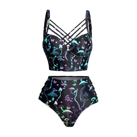 Galaxy Mushroom Skull Print Bikini Set Crisscross Beach Bikini Adjustable Spaghetti Strap