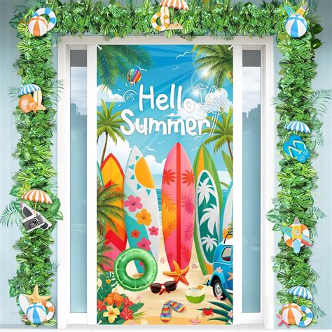 Hello Summer Beach Door Banner Decorations Surfboard Summer Door Banner Hello Summer