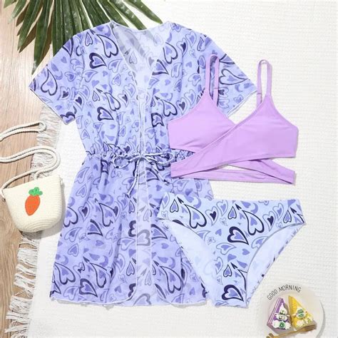 Girls Pack Heart Print Bikini Sets With Kimono Cross Wrap Swimsuit