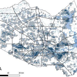 Map of climate change-attributed flooding (38% scenario) Each hexagonal ...