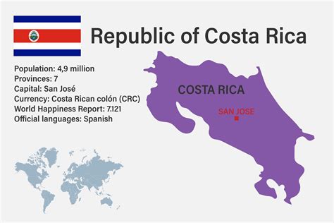 muy detallado costa rica mapa con bandera capital y pequeño mapa de el