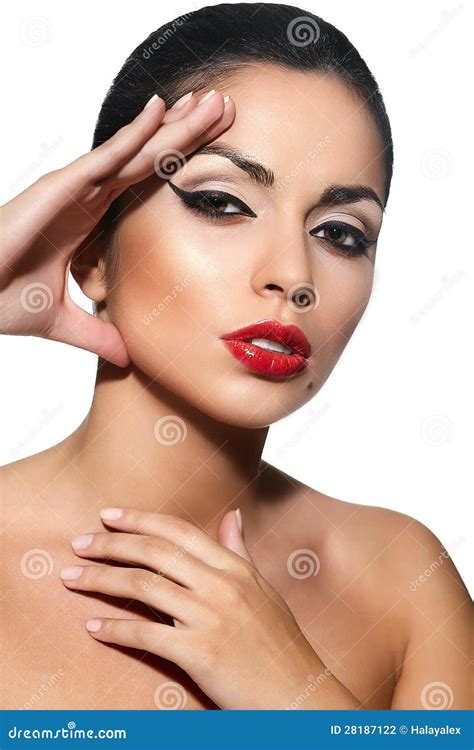 Brunette Model With Red Lips Bright Makeup Stock Photo Image Of Glance Clean