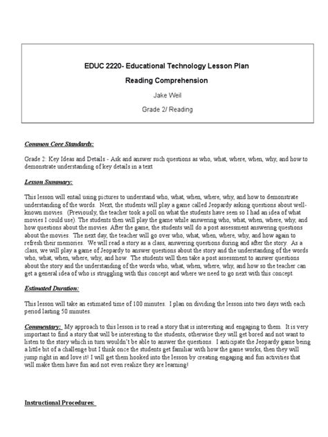 Educ 2220 Educational Technology Lesson Plan Reading Comprehension Pdf Educational