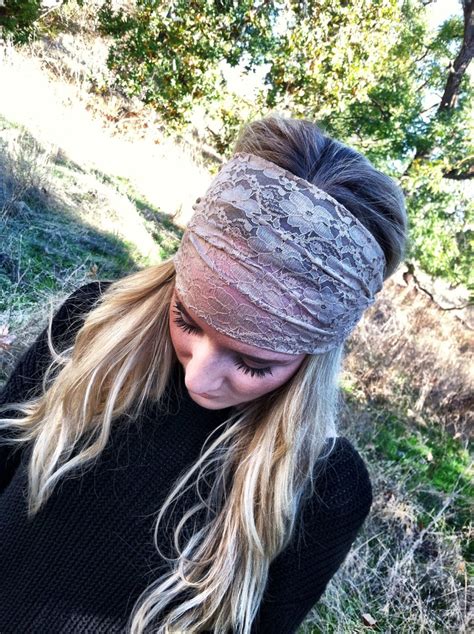 Taupe Lace Headband Stretchy Wide Lace Turband Head Covering For Women