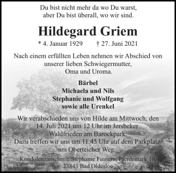 Traueranzeigen Von Hildegard Griem Sh Z Trauer