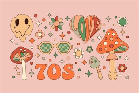 Elementos Groovy Definidos No Estilo Retro Hippie Dos Anos Adesivos