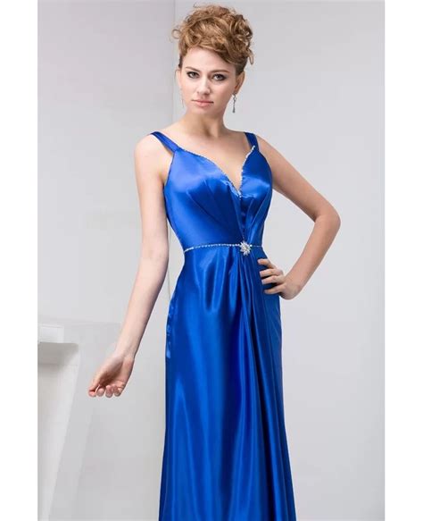 A Line V Neck Floor Length Satin Evening Dress With Beading Op41092