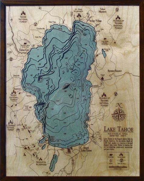 Carved Wood Map Of Topographic Map Of Lake Tahoe Stem World