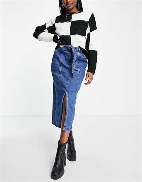 Only Split Front Midi Denim Skirt In Mid Wash Blue Asos