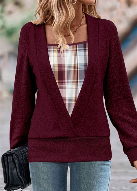 Rotita Fake In Plaid Wine Red Square Neck Sweatshirt Rotita