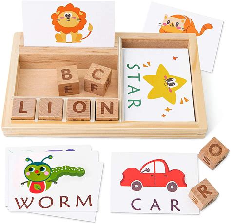 Spelling Games Wooden Matching Letters Toy With Words Flash Cards