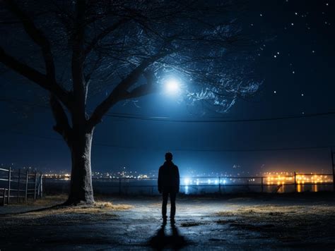 Premium Photo | A person standing in front of a tree at night