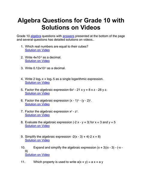 Solution Algebra Questions For Grade 10 With Solutions On Videos