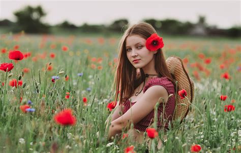 Wallpaper Look Girl Flowers Nature Maki Portrait Hat Brown Hair