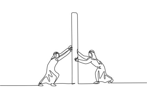 Single one line drawing of two young Arabian male entrepreneurs pushing the wall to win the ...