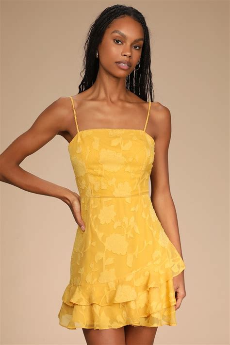 Yellow Floral Burnout Dress Ruffled Mini Dress Tiered Dress Lulus