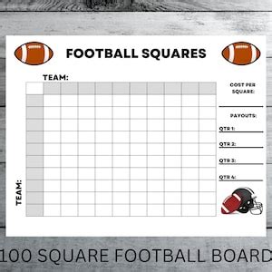 100 Square Football Square Game 4 QTR, the Big Game Board, Sports ...