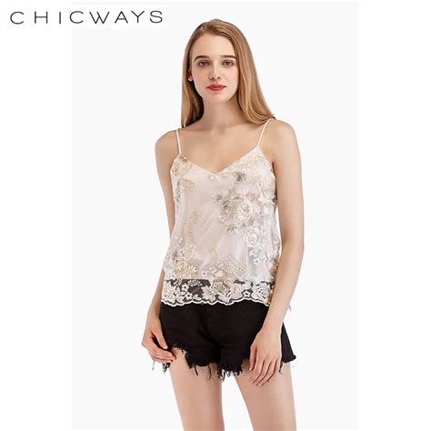 Chicways Mesh Embroidery Straps Tops White Floral Mesh Cmais Women