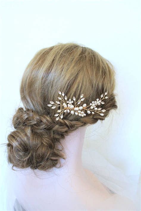 Gold Freshwater Pearl Delicate Hair Vine Comb Bridal Flower Etsy