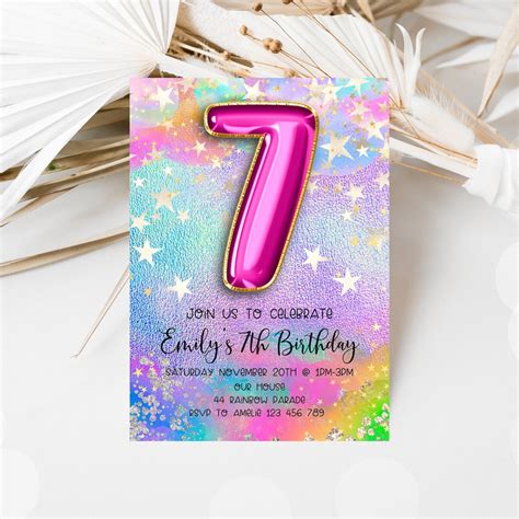 Pink 7th Birthday Invitation Editable Purple Birthday Etsy