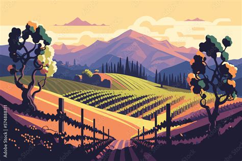 Evening view, Vineyard beautiful view from the hill, 2d vector drawing ...