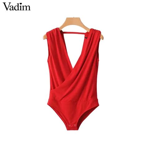 Vadim Women Cross V Neck Solid Bodysuits Backless Sleeveless Stretchy