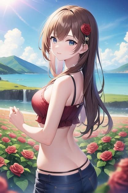 Premium Photo Anime Girl In A Bathing Suit Standing In A Field Of Flowers