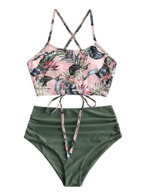 ZAFUL Women S Criss Cross High Waisted Bikini Sets Tropical Floral Leaf Print 2 Piece Bathing