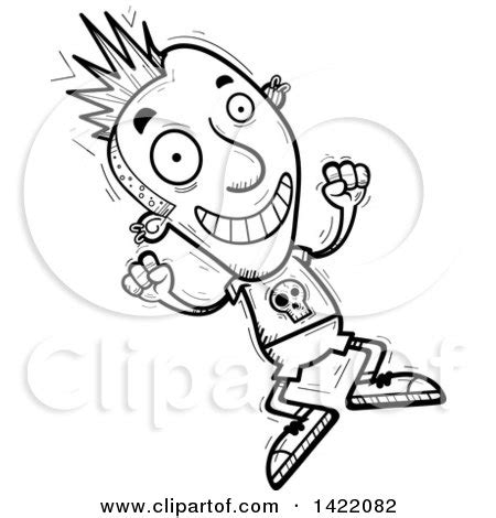 Clipart Of A Cartoon Black And White Lineart Doodled Punk Dude Jumping