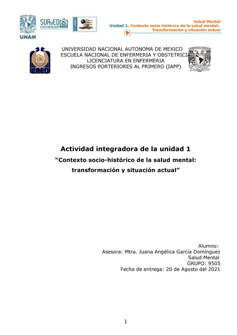 Activida 1 Salud Mental Unidad 1 Contexto socio histórico de la