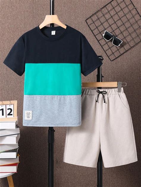 Two Pieces Casual Outfits For Tween Boys Color Block Round Neck T Shirt And Shorts Set Shein