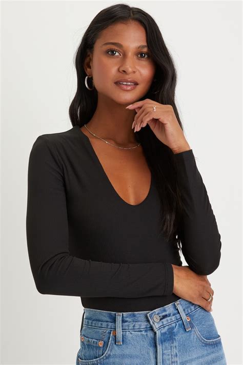 Black Ribbed Bodysuit Long Sleeve Bodysuit V Neck Top Lulus