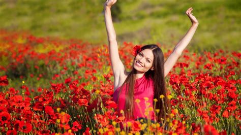 Model Women Long Hair Brunette Flowers Smiling Poppies Red Flowers Wallpapers HD Desktop And