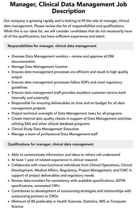 Manager Clinical Data Management Job Description Velvet Jobs