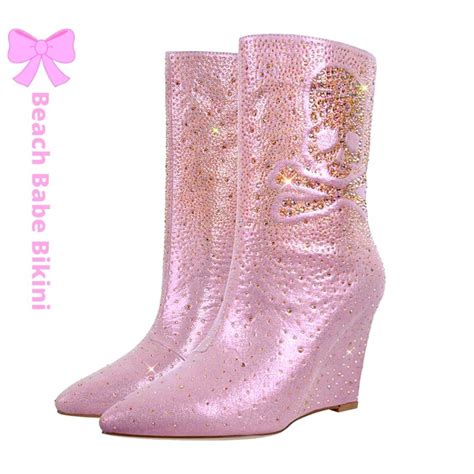 Gold Diamonique Wedge Boots Pink Beach Babe Bikini