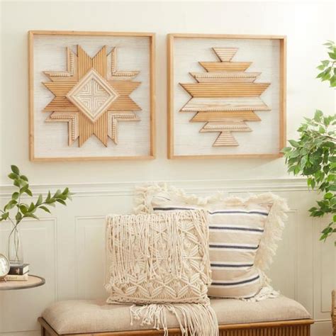 LITTON LANE White And Natural Hand Carved Square 2 Panel Wood Wall