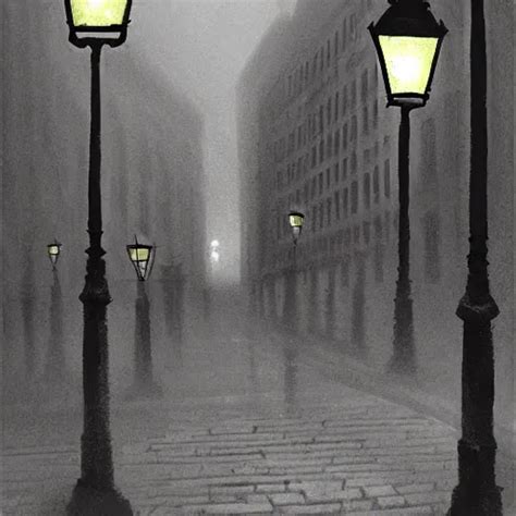 The Foggy Old Streets Of London Lit Only By Lampposts Stable Diffusion