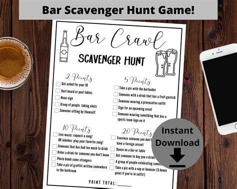 Bar Scavenger Hunt Birthday Bar Crawl, Bachelor Party Game, Bar Game, Bar Crawl Scavenger Hunt ...