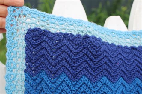 Blue Waves Ripple Crochet Striped Afghan Vintage Crocheted Wool Blanket