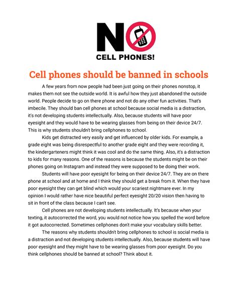 Essay Cell Phones Should Be Banned In Schools Cell Phones Should Be